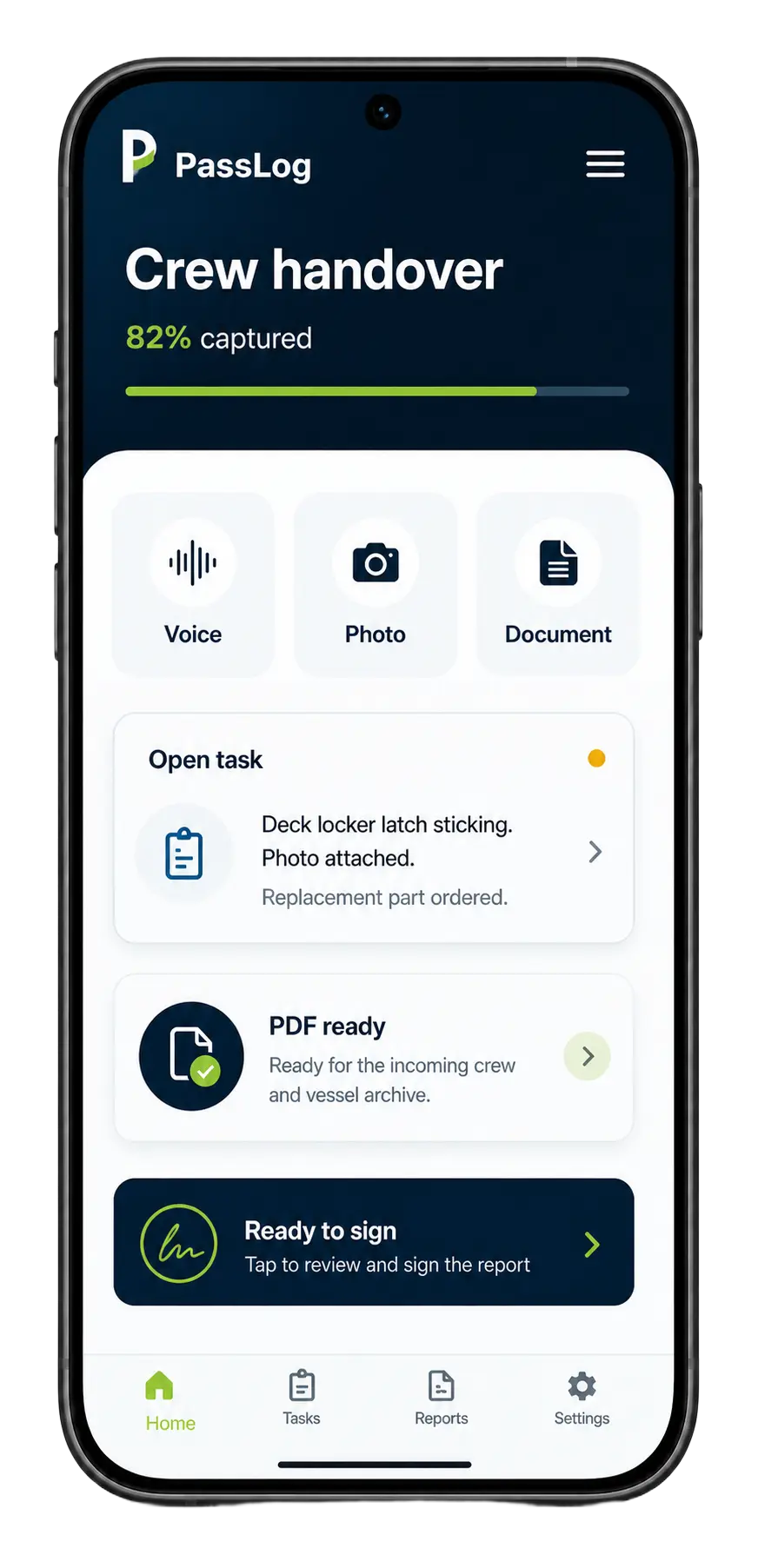 PassLog mobile crew handover app screen showing voice, photo, document capture, open task progress, and signed PDF status